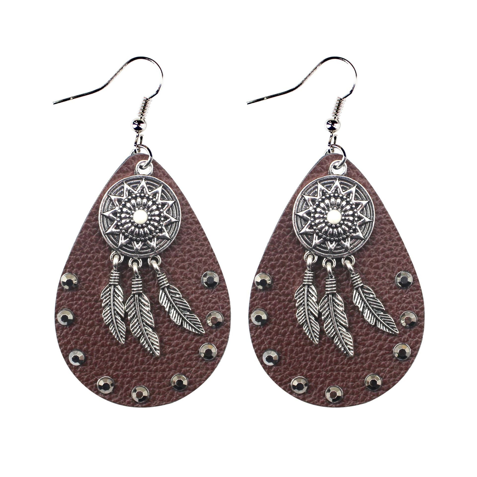 Wholesale Bohemian Hollow Mesh Feather Leather Earrings